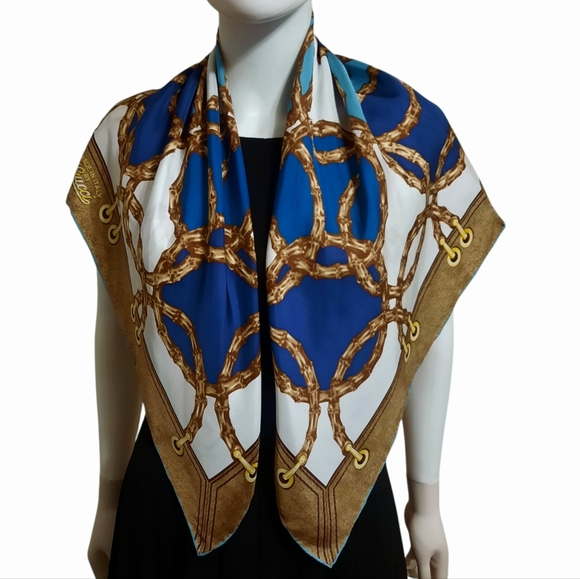 GUCCI Bamboo Circle Print 2015 Silk Scarf 34"x34" Blue/White/Brown - Picture 4 of 10